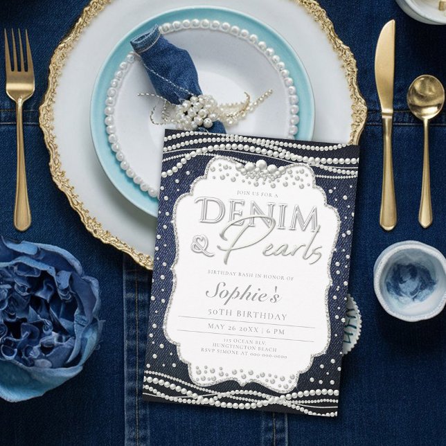 Denim Pearls Elegant Modern Classy 50:e födelsedag Inbjudningar (denim and pearls birthday party invitation 50th for her elegant classy modern)
