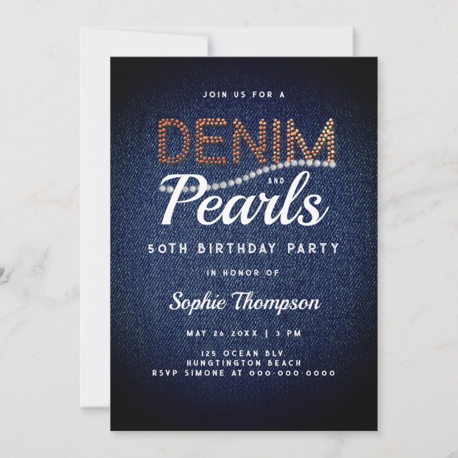 Denim Pearls Elegant Rustic Barn 50:e födelsedagen Inbjudningar (Framsida)