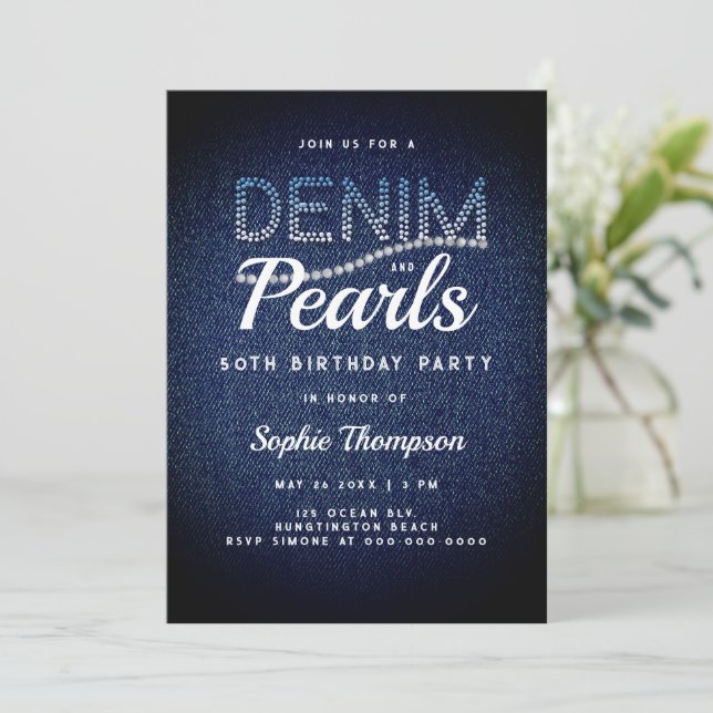 Denim Pearls Elegant Rustic Modern 50:e födelsedag Inbjudningar (Stående Fram)