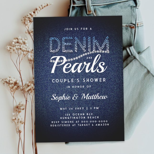 Denim Pearls par Möhippa Modern Rustic Inbjudningar (denim and pearls elegant rustic modern country couple wedding shower invitation joint blue white)