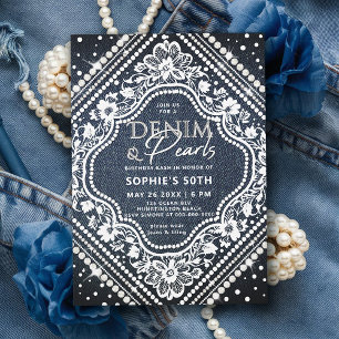 Denim Pearls Snöre Elegant Modern 50:e födelsedag Inbjudningar