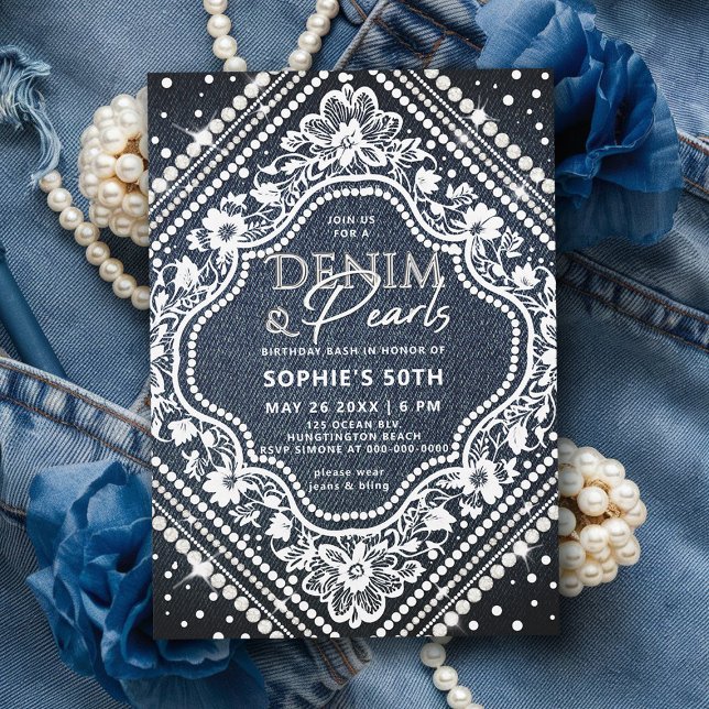 Denim Pearls Snöre Elegant Modern 50:e födelsedag Inbjudningar (denim lace pearls birthday invitation 50th party elegant diamond shape frame classy modern chic)