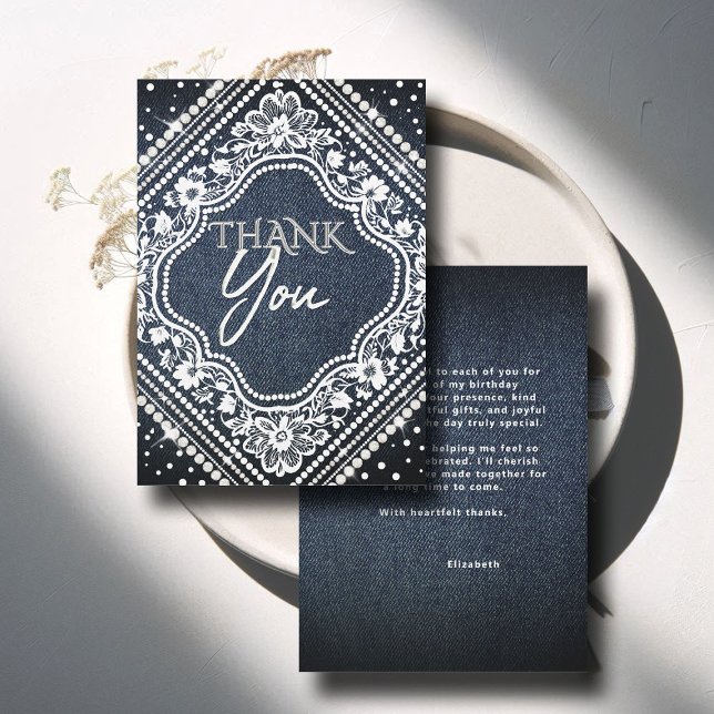 Denim Pearls Snöre Elegant Modern 50:e födelsedag Tack Kort (denim diamonds pearls thank you card blue white calligraphy modern classy chic)