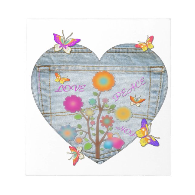 Denim Pocket Heart Flowers Butterflies Anteckningsblock (Framsida)
