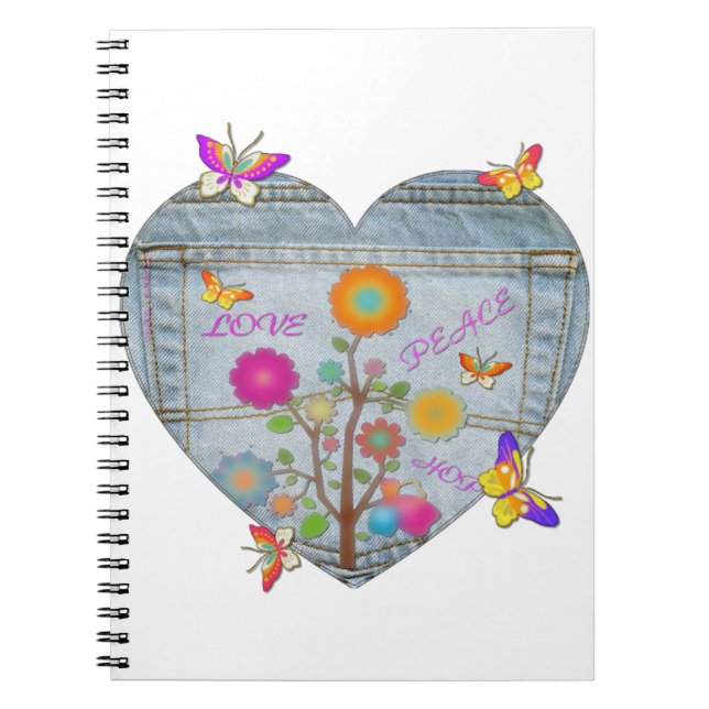 Denim Pocket Heart Flowers Butterflies Anteckningsbok (Framsidan)