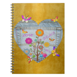 Denim Pocket Heart Flowers Butterflies bärbar dato Anteckningsbok