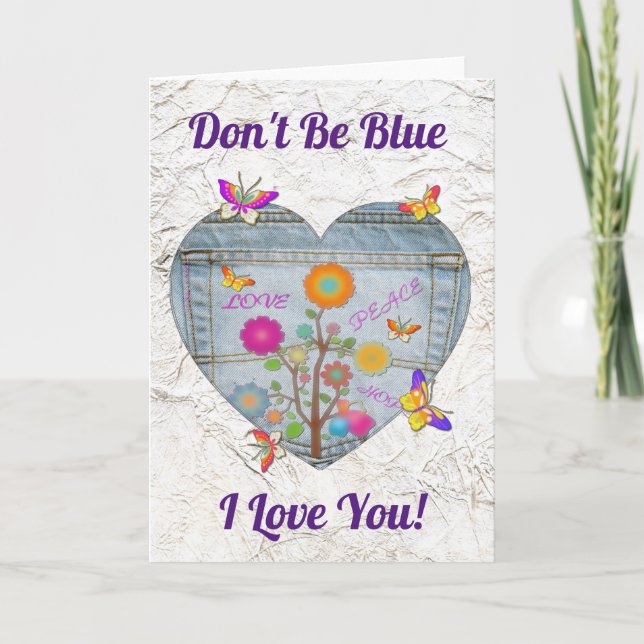 Denim Pocket Heart Flowers Butterflies Card Helgkort (Framsida)