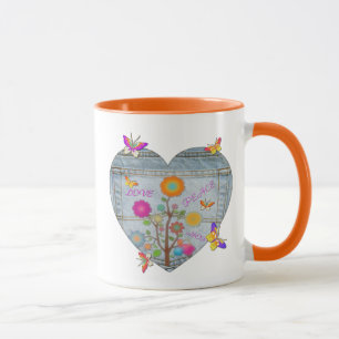 Denim Pocket Heart Flowers Butterflies Coffee Mugg