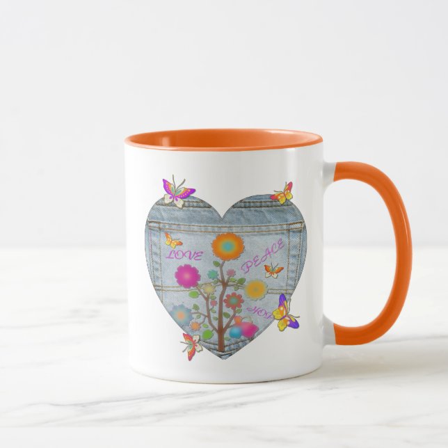 Denim Pocket Heart Flowers Butterflies Coffee Mugg (Höger)