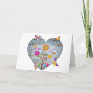 Denim Pocket Heart Flowers Butterflies Helgdag Car Helgkort