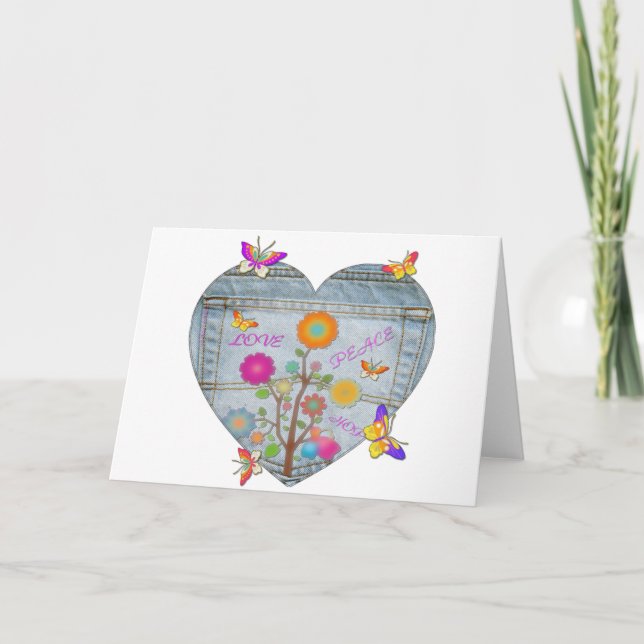 Denim Pocket Heart Flowers Butterflies Helgdag Car Helgkort (Framsida)