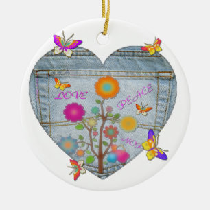 Denim Pocket Heart Flowers Butterflies Julgransprydnad Keramik
