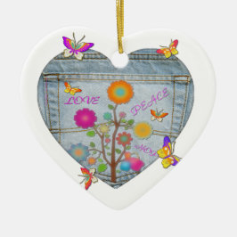Denim Pocket Heart Flowers Butterflies Julgransprydnad Keramik