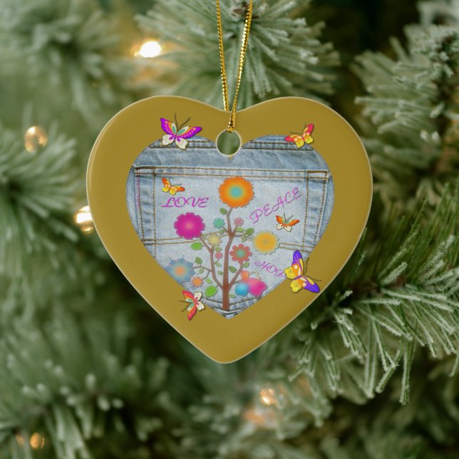 Denim Pocket Heart Flowers Butterflies Julgransprydnad Keramik (Träd)