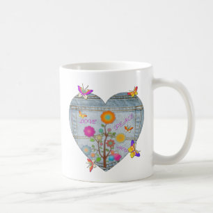 Denim Pocket Heart Flowers Butterflies Kaffemugg