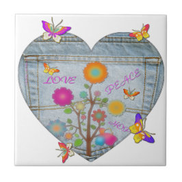 Denim Pocket Heart Flowers Butterflies Kakelplatta