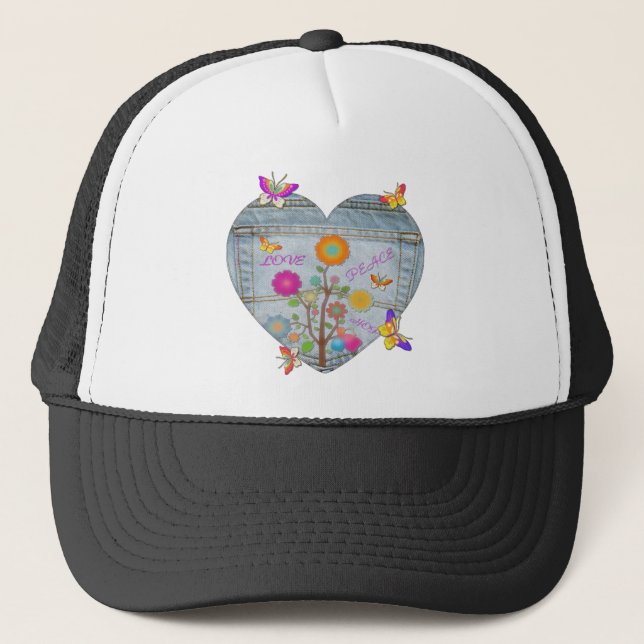 Denim Pocket Heart Flowers Butterflies Keps (Framsida)