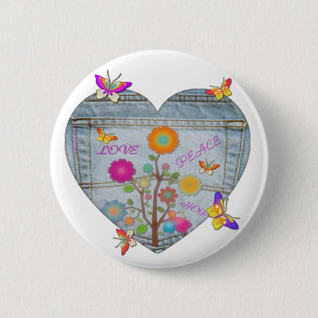 Denim Pocket Heart Flowers Butterflies Knapp (Framsida)