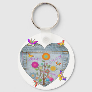 Denim Pocket Heart Flowers Butterflies Nyckelring