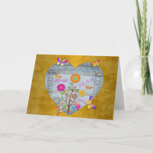 Denim Pocket Heart Flowers Butterflies på Guld Helgkort