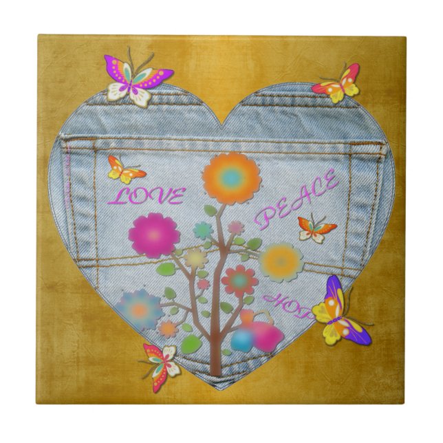 Denim Pocket Heart Flowers Butterflies på Guld Kakelplatta (Framsidan)