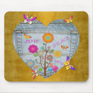 Denim Pocket Heart Flowers Butterflies på Guld Musmatta
