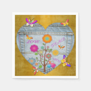 Denim Pocket Heart Flowers Butterflies på Guld Pappersservett