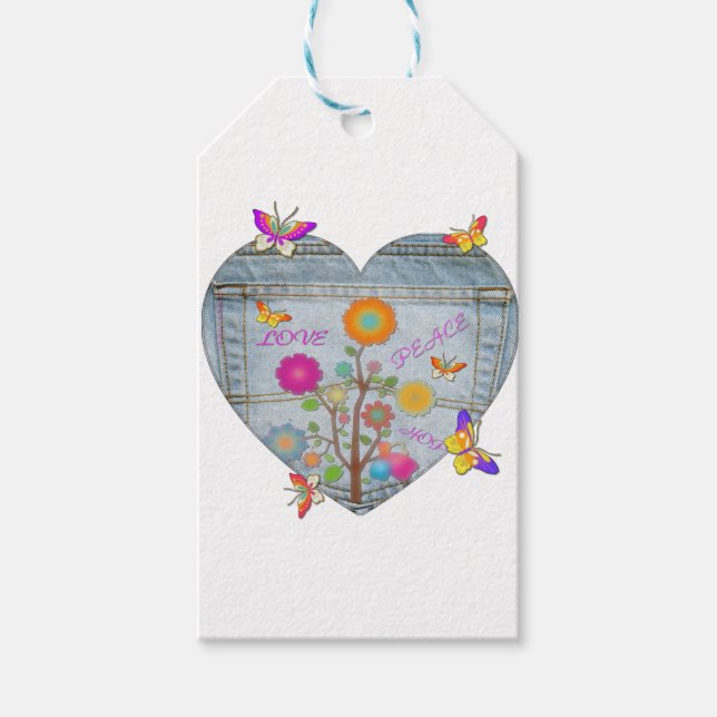 Denim Pocket Heart Flowers Butterflies Presentetikett (Framsidan)
