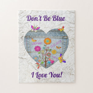 Denim Pocket Heart Flowers Butterflies Pussel