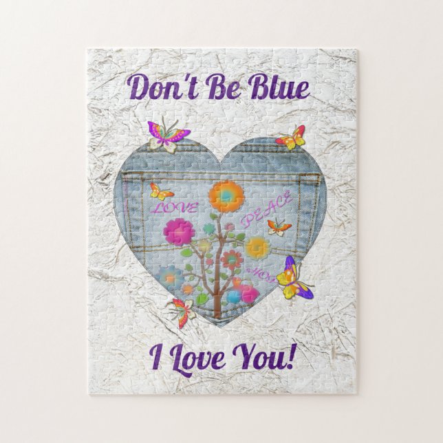 Denim Pocket Heart Flowers Butterflies Pussel (Vertikal)