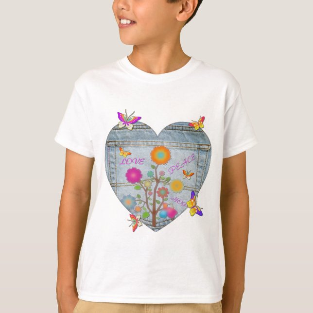 Denim Pocket Heart Flowers Butterflies T-shirt (Framsida)
