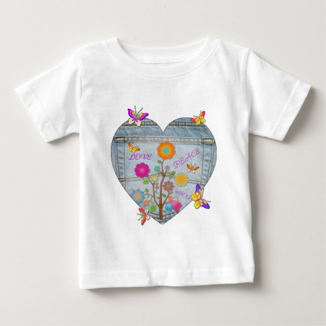 Denim Pocket Heart Flowers Butterflies Tee Shirt (Framsida)