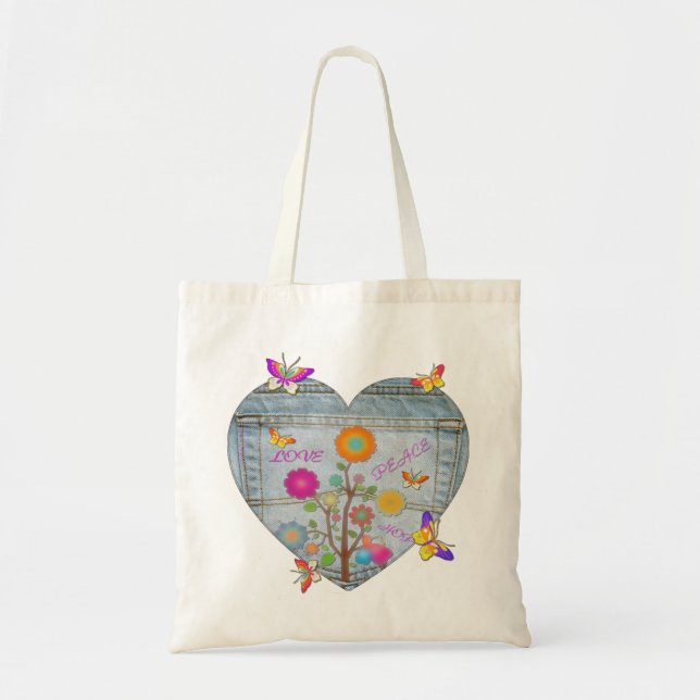 Denim Pocket Heart Flowers Butterflies Tote Bag Tygkasse (Framsidan)