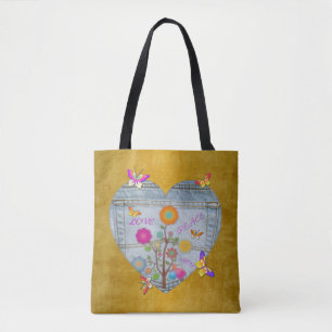 Denim Pocket Heart Flowers Butterflies Tygkasse