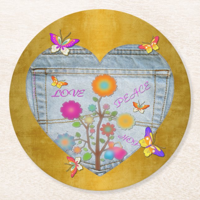 Denim Pocket Heart Flowers Butterflies Underlägg Papper Rund (Framsidan)
