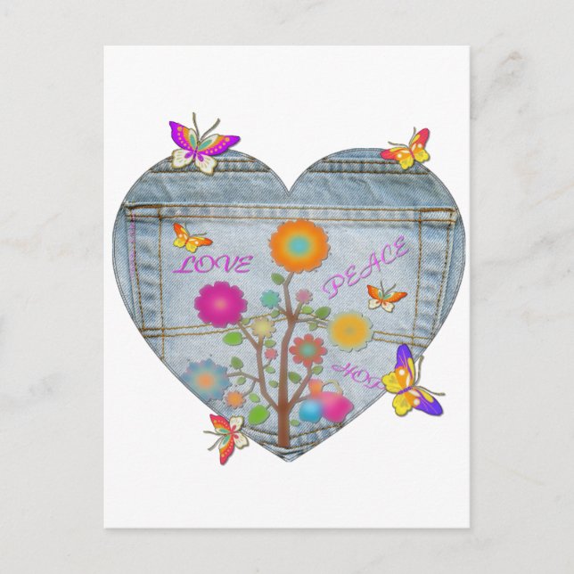 Denim Pocket Heart Flowers Butterflies Vykort (Framsida)