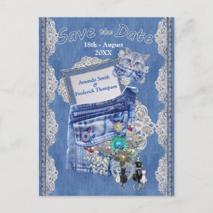 Denim Pocket med Costume Jewelry och en kattunge Meddelande Vykort