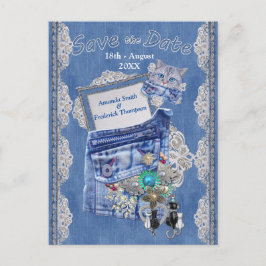 Denim Pocket med Costume Jewelry och en kattunge Meddelande Vykort