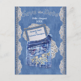 Denim Pocket med Cream Flower Snöre Meddelande Vykort