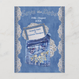 Denim Pocket med Cream Flower Snöre Meddelande Vykort