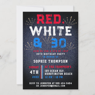 Denim Red White den 4 juli Patriotic 30års födelse Inbjudningar