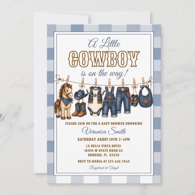 Denim Söt Liten Cowboy Baby Shower Klädstreck Inbjudningar (Framsida)