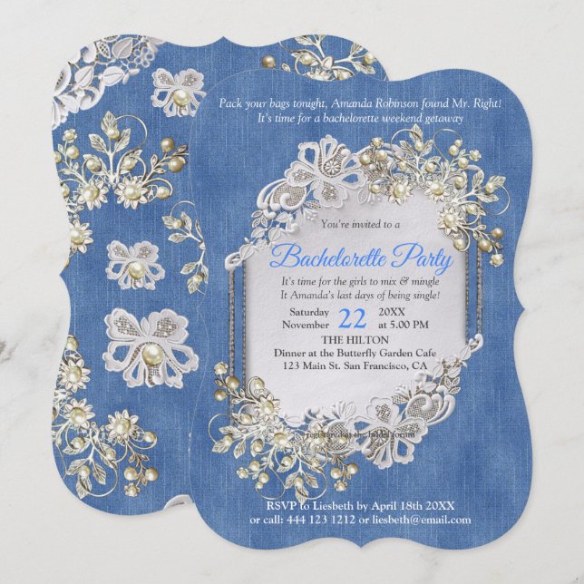 Denim Textured Snöre och Pearls Inbjudningar (Fram/baksida)