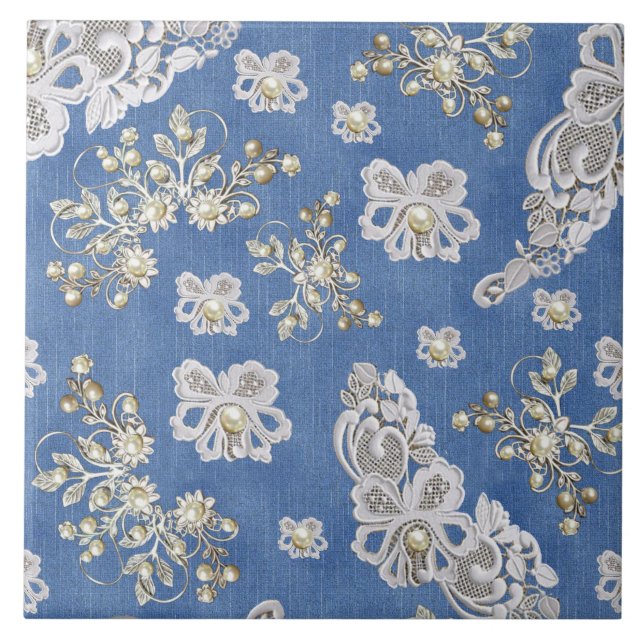 Denim Textured Snöre och Pearls Kakelplatta (Framsidan)