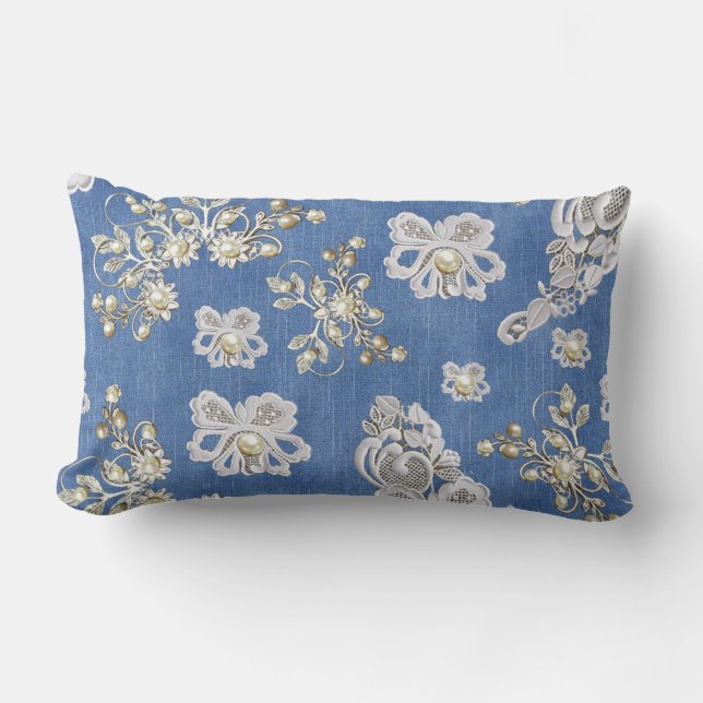 Denim Textured Snöre och Pearls Lumbarkudde (Framsida)