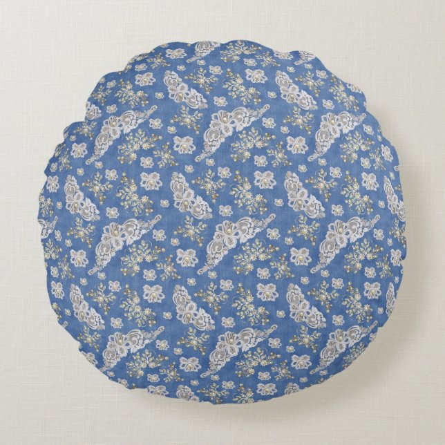 Denim Textured Snöre och Pearls Rund Kudde (Framsidan)