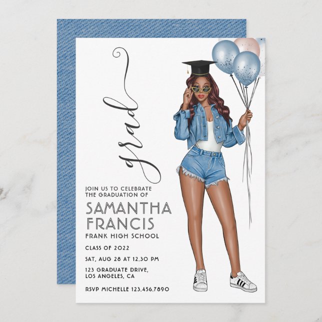 Denim themed Girl Studentfest Inbjudningar (Fram/baksida)