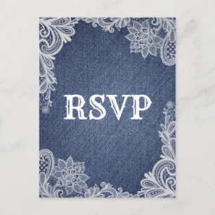 Denim & Vit Blommig Spets Elegant Bröllop RSVP Inbjudan Vykort