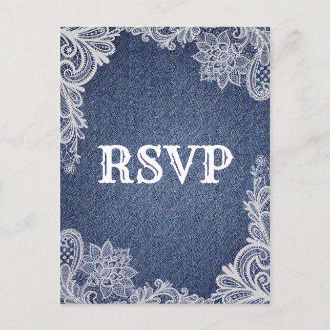 Denim & Vit Blommig Spets Elegant Bröllop RSVP Inbjudan Vykort (Framsida)