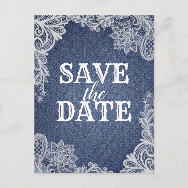 Denim & Vit Blommig Spets Elegant Save The Date Meddelande Vykort (Framsida)